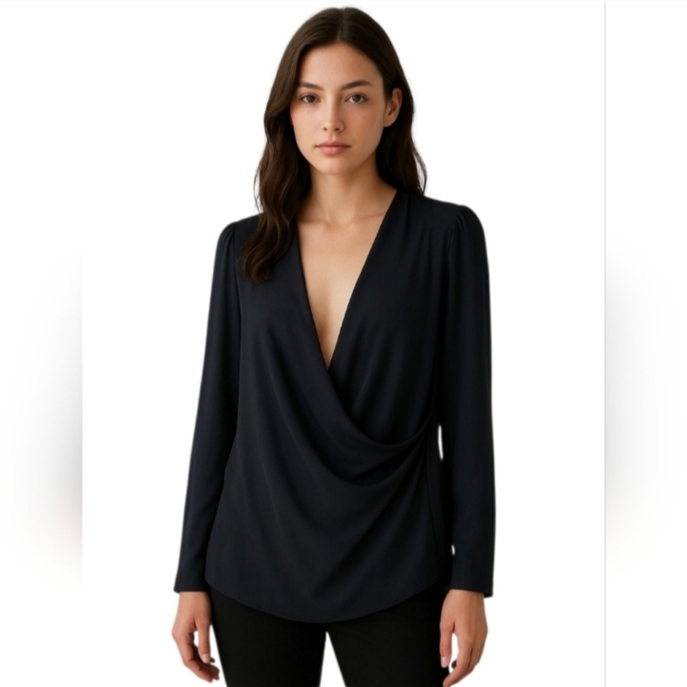 Vanessa Bruno Black Draped V-Neck Long Sleeve Top